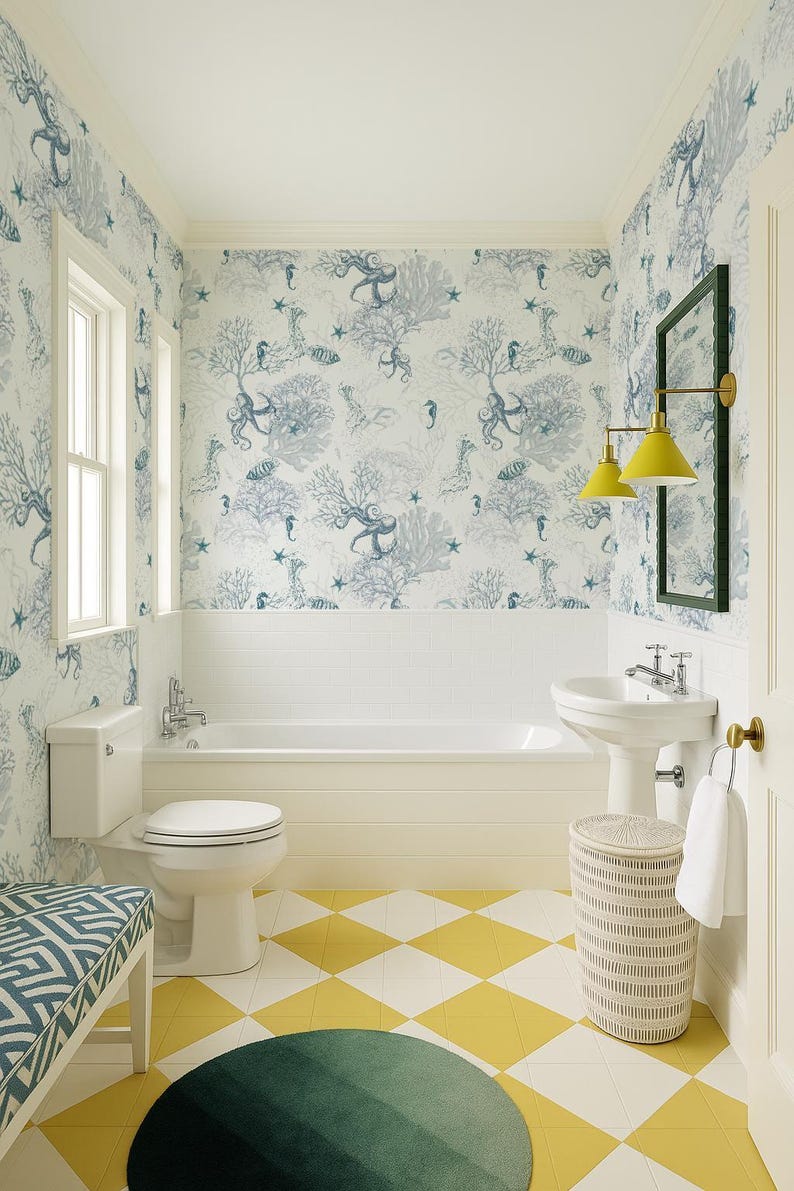 Coastal Water Animal Peel and Stick Wallpaper, Marine Fish Removable Wall Paper, Ocean Jellyfish Self Adhesive Beach-House Mural Wallpaper image 3