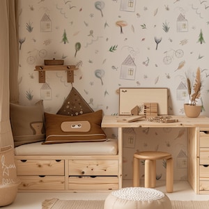 Carta da parati rimovibile beige con disegni per cameretta dei bambini, carta da parati neutra e funky, carta da parati con animali selvatici, adesivo da parete unisex