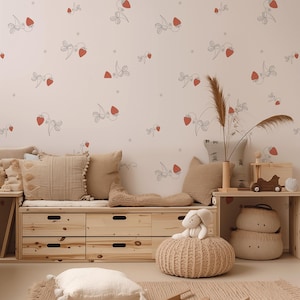 Erdbeere abnehmbare Tapete, Kinderzimmer Wandkunst, selbstklebende Tapete, rosa und rote Erdbeere Tapete