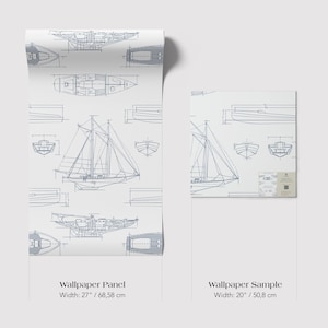White and Blue Ship Sailboat Nautical Peel and Stick Removable Wallpaper, Ocean Temporary Beach Style Decal image 6