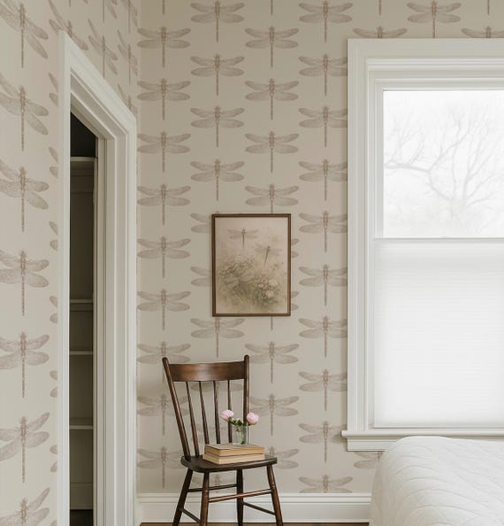 Dragonfly Peel & Stick Removable Wallpaper in Beige, Botanical Neutral Beige Self Adhesive Wallpaper, Decorate Nursery Wallpaper Boho