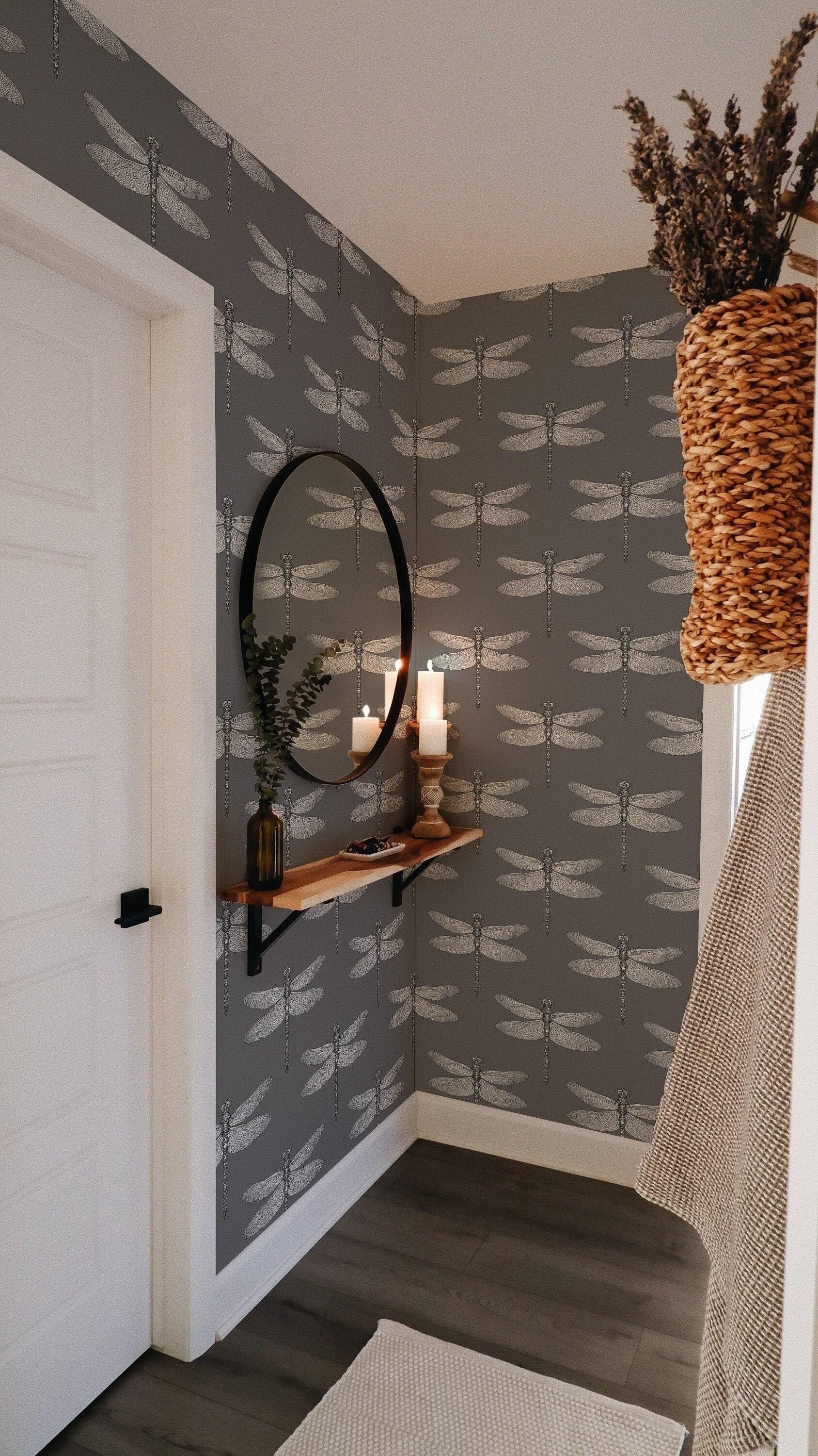 Dark Dragonfly Wallpaper: Gray and White, Removable Peel