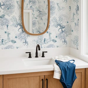 Coastal Water Animal Peel and Stick Wallpaper, Marine Fish Removable Wall Paper, Ocean Jellyfish Self Adhesive Beach-House Mural Wallpaper