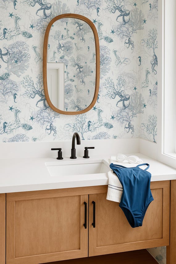 Coastal Water Animal Peel and Stick Wallpaper, Marine Fish Removable Wall Paper, Ocean Jellyfish Self Adhesive Beach-House Mural Wallpaper