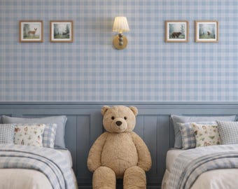 Papel tapiz de cuadros azules, papel tapiz a cuadros azul claro, decoración de pared para dormitorio de estilo cabaña, calcomanía de estilo rústico vintage, despegar y pegar o tradicional