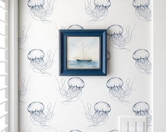 Coastal Sea Jellyfish Wallpaper - Tranquil Underwater Vibes, Peel & Stick, Removable Bathroom Wallpaper, White and Blue Self Adhesive Art