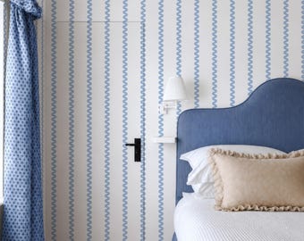 Playful Wavy Line Wallpaper in Blue and White, Small Wiggly Stripe Accent Wall Cover