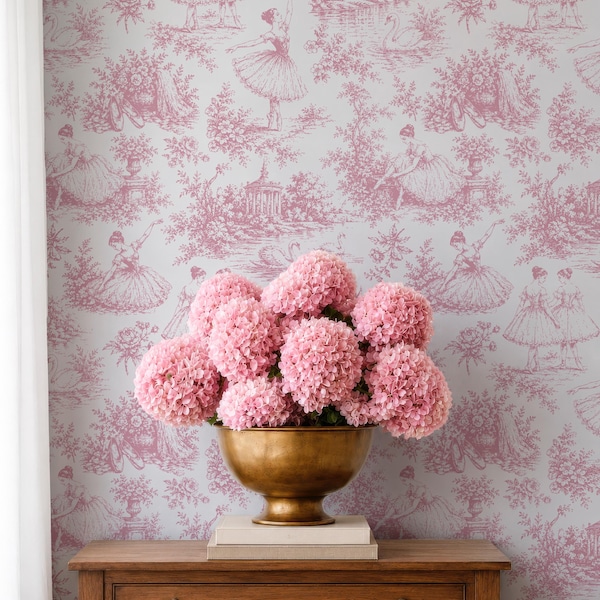 Pink Toile Ballerina Peel & Stick Wallpaper, Removable French Country Decal, De Jouy Vintage Scenic Girls Bedroom Mural