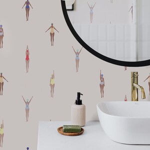 Swimming Retro Peel and Stick Wallpaper, Pool Swim Female Wallpaper ...