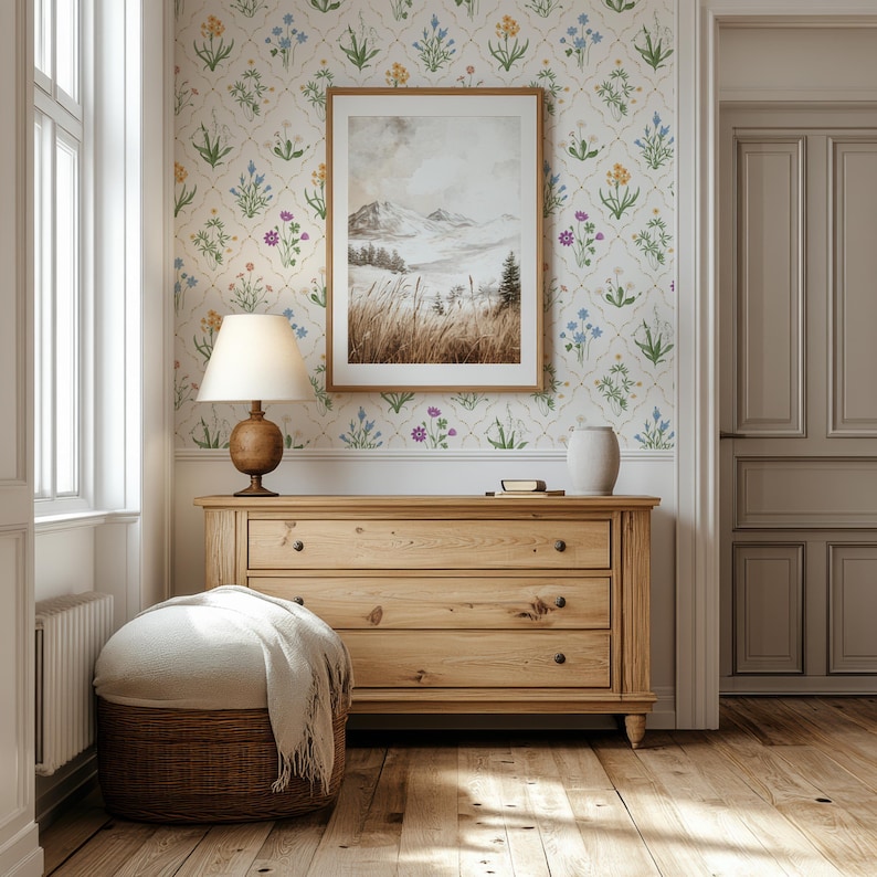 White Meadow Flower Botanical Peel & Stick Wallpaper, Wildflower Classical Wall Cover, Elegant French-Inspired Design Removable Wallpaper image 3