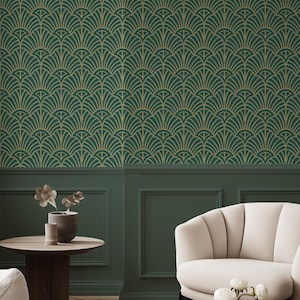 Carta da parati Art Déco verde e gialla staccabile e attaccabile, carta da parati Dark Déco, carta da parati Boho, carta da parati temporanea personalizzata