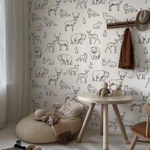 Animal Black and White Drawing Peel and Stick Removable Wallpaper, Wildlife Neutral Black Line Wallpaper