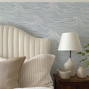 Carta da parati adesiva blu e bianca con onde costiere, murale temporaneo autoadesivo nautico, eleganza decorativa oceanica, autoadesiva