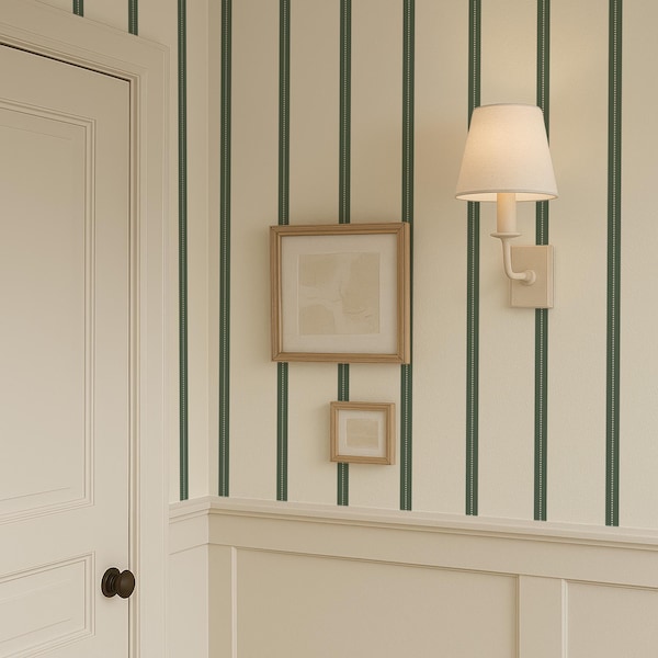 Beige and Green Line Stripe Peel & Stick Removable Wallpaper, Abstract Retro Beige and Green Wall Mural, Light Wallpaper