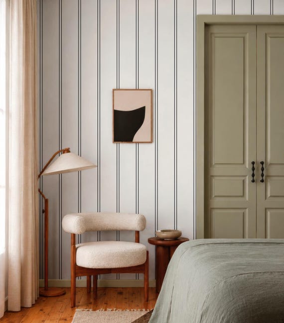 Black and White Striped Peel and Stick Wallpaper, Removable Minimalist Line Removable Wall Decal, Modern Mural