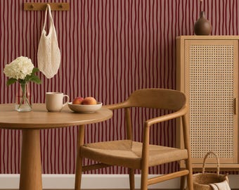 Retro Red and Beige Striped Peel & Stick Wallpaper, Stripe Removable Wall Art, Wavy Line Mural