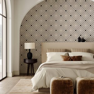 Carta da parati adesiva Art Déco retrò, carta da parati con dettagli neri e beige, carta da parati astratta, carta da parati geometrica autoadesiva personalizzata