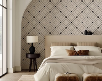 Retro Art Deco Peel and Stick Wallpaper, Black and Beige Accent Wallpaper, Abstract Wall Hanging, Custom Self Adhesive Geometric Wallpaper