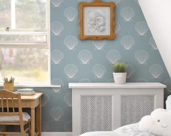 Blue Coastal Shell Removable Wallpaper, Marine Removable Peel & Stick Design, Ocean Wall Decor, White and Blue Wallpaper