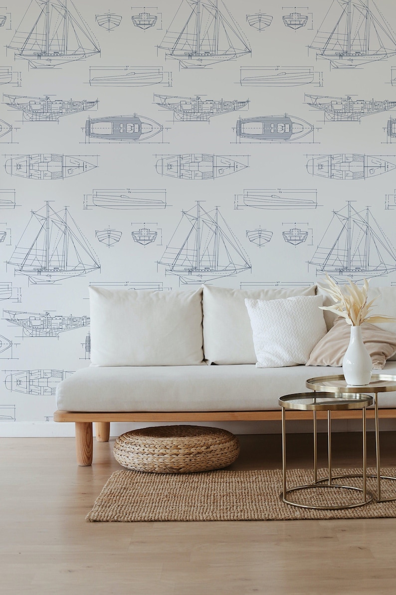 White and Blue Ship Sailboat Nautical Peel and Stick Removable