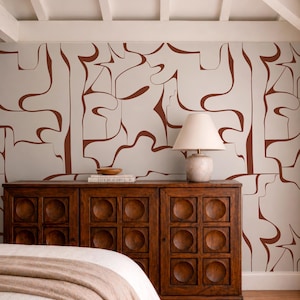 Abstract Brown Line Wallpaper, Peel & Stick or Traditional Wall Mural, Retro Geometric Decal in Vintage Vibe
