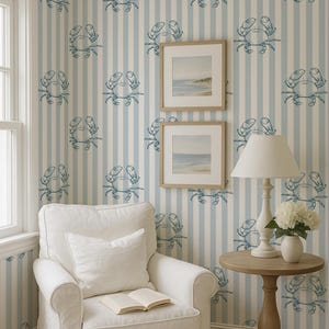 Peel and Stick-behang kustkrab: verwijderbaar nautisch muurdecor met blauwe streep