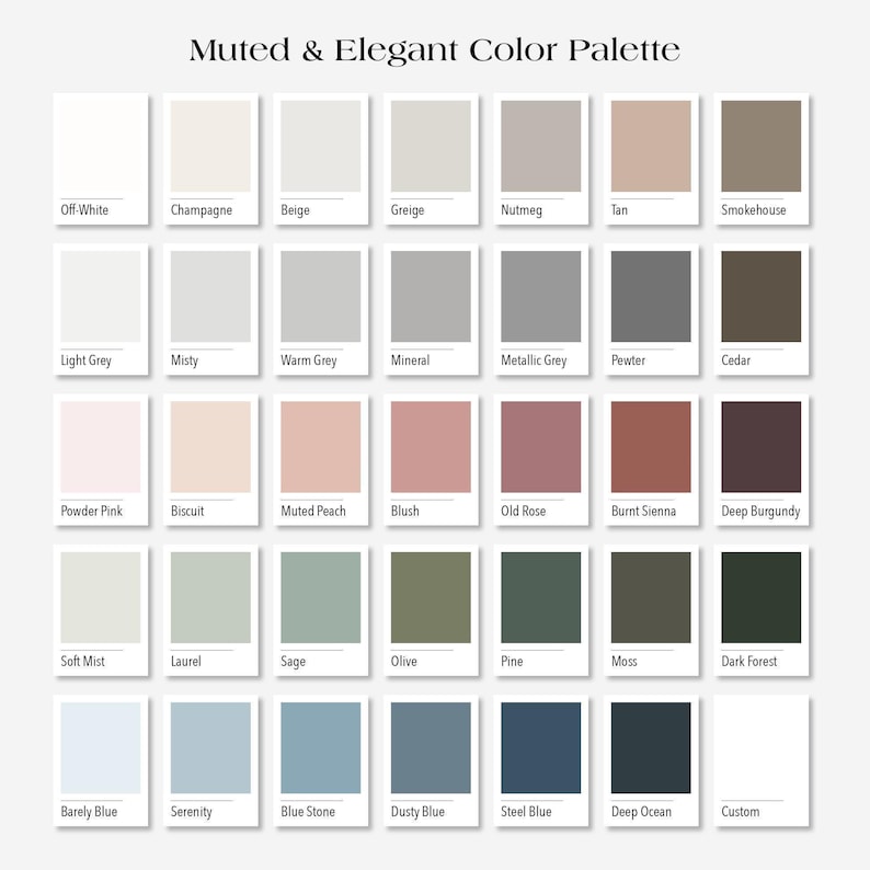 Muted color palette for wallpaper customization. Choose your color and specify in the comments section of your order which part of the wallpaper you would like in that color.