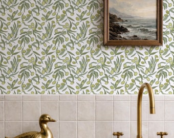 Olive Leaves Peel and Stick Wallpaper in Green and White, Vintage Botanical Removable Wallpaper, Classical Kitchen Self-Adhesive Wall Cover