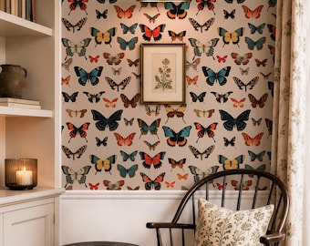 Beige Butterfly Peel and Stick Removable Wallpaper, Butterfly Wall Art, Temporary Self Adhesive, Wildlife Wall Art
