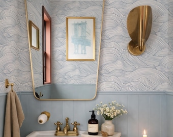 Blue and Beige Wave Peel and Stick Removable Wallpaper, Nautical Coastal Self Adhesive Temporary Wallpaper, Beach House Wall Mural