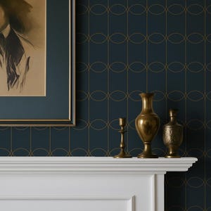 Carta da parati adesiva geometrica Art Déco in blu navy e arancione, carta da parati rimovibile Dark Academia, carta da parati adesiva con linee classiche