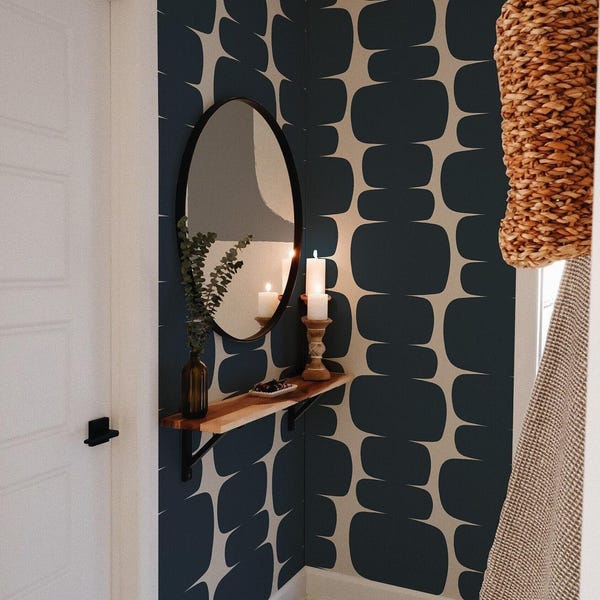 Abstract Dark Gray Shape Peel and Stick Wallpaper, Retro Vibe Removable Wall Decal, Bold Shape and Cream Background Self Adhesive Wall Paper