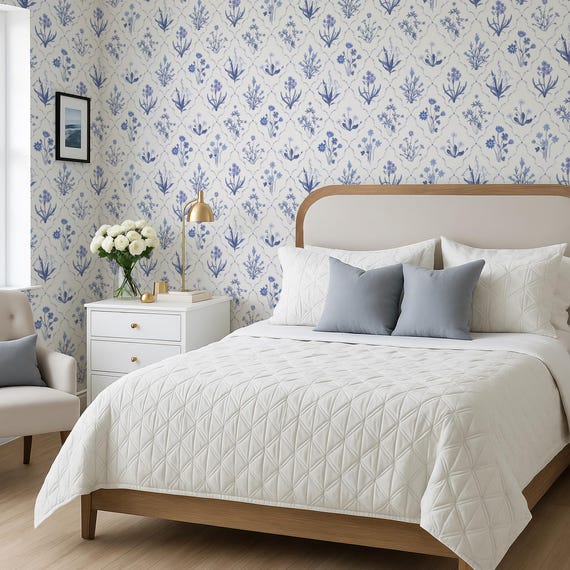 French Toile Meadow Flower Peel & Stick Wallpaper, Wildflower Classical Chinoiserie Wall Cover, Elegant Delft Botanical Removable Wall Paper