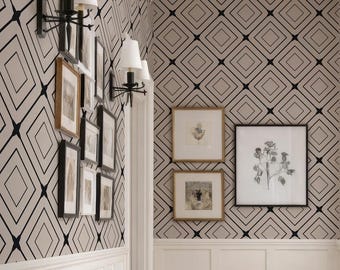 Retro Art Deco Peel and Stick Wallpaper, Black and Beige Accent Wallpaper, Abstract Wall Hanging, Custom Self Adhesive Geometric Wallpaper