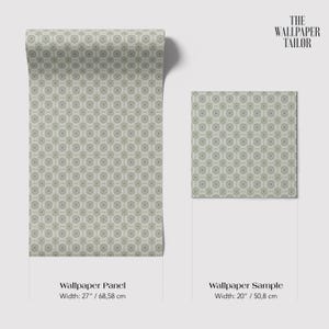 two rolls of wallpaper with a repeating pattern of circles on a white background. The rolls are labeled as "Wallpaper Panel" and "Wallpaper Sample" with their respective widths: 27 inches (68.58 cm) and 20 inches (50.8 cm).