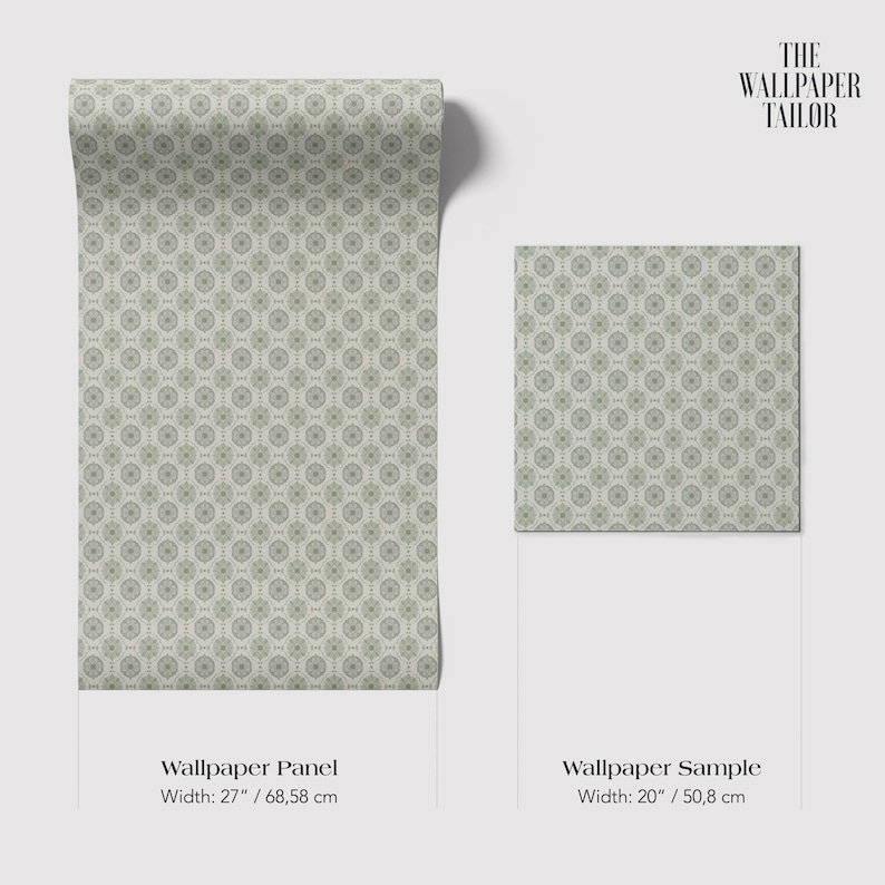 two rolls of wallpaper with a repeating pattern of circles on a white background. The rolls are labeled as "Wallpaper Panel" and "Wallpaper Sample" with their respective widths: 27 inches (68.58 cm) and 20 inches (50.8 cm).