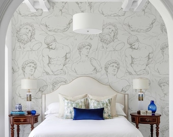 Carta da parati con scultura classica, murale maschile greco-romano antico, autoadesiva o tradizionale decalcomania da parete vintage.
