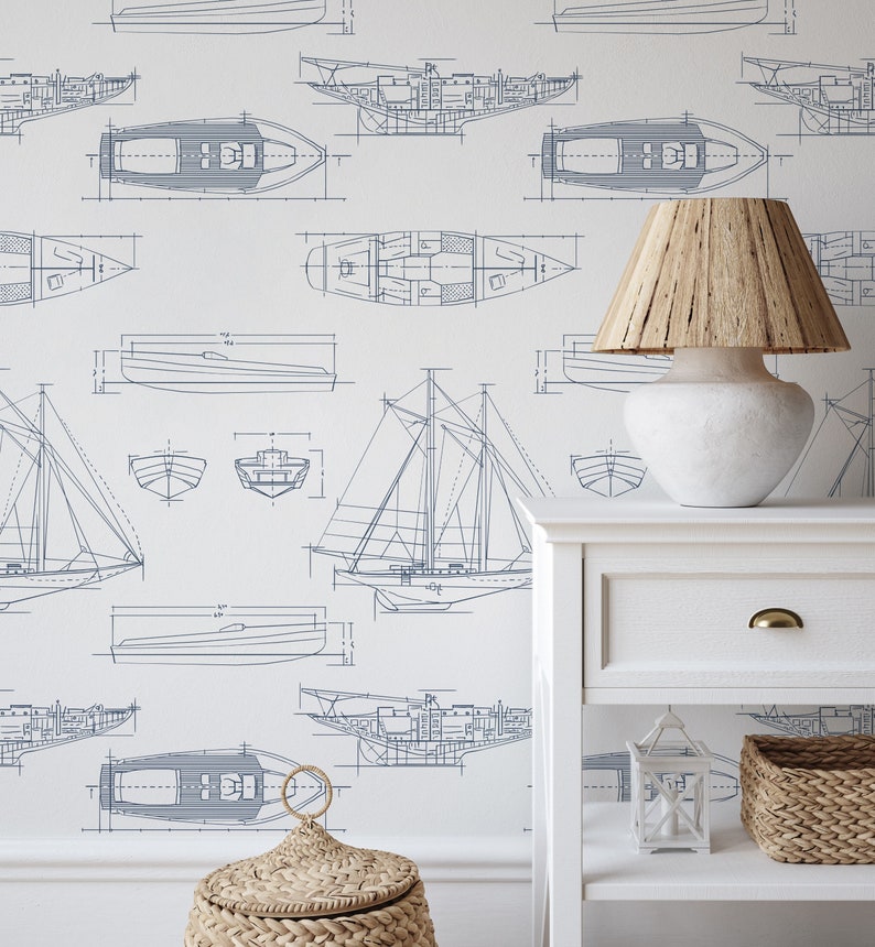 White and Blue Ship Sailboat Nautical Peel and Stick Removable