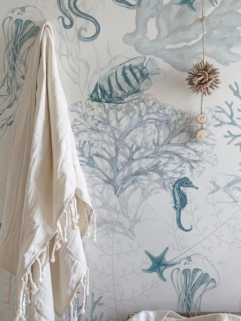 Coastal Water Animal Peel and Stick Wallpaper, Marine Fish Removable Wall Paper, Ocean Jellyfish Self Adhesive Beach-House Mural Wallpaper image 2