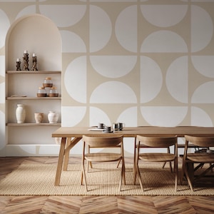 Beige Abstract Shape Peel and Stick Removable Wallpaper, White Background Wallpaper, Retro Vibe Wall Decal, Temporary Wallpaper