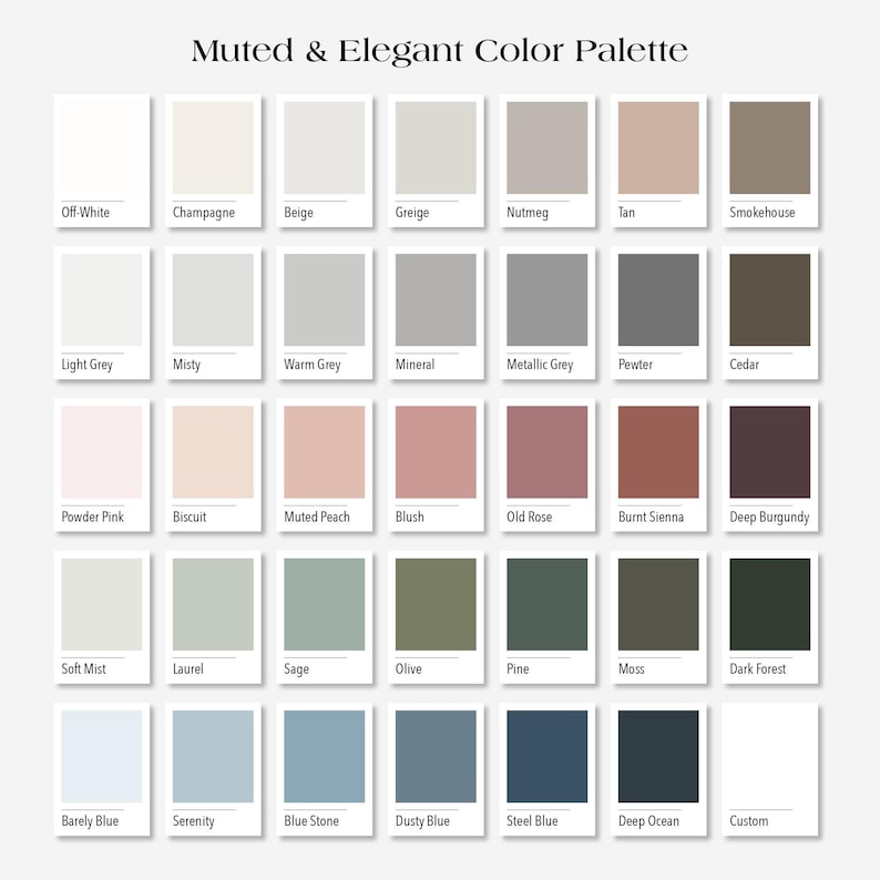 Muted color palette for wallpaper customization. Choose your color and specify in the comments section of your order which part of the wallpaper you would like in that color.