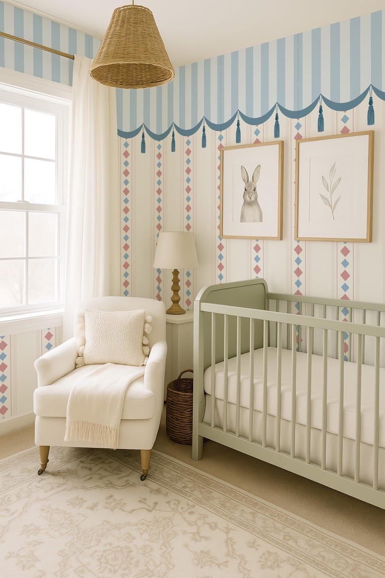 Tassel Border Stripe Peel Stick Wallpaper, Soft Line Pattern in Blue ...