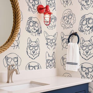 Dog with Glasses Peel & Stick Wallpaper, Cool Dogs  Pattern, Modern Pet Wallpaper, Playful Neutral Wall Covering