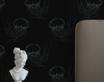 Dark Jellyfish Wallpaper, Black and Gray Peel & Stick Wallpaper, Dark Nautical Wallpaper, Marine Self Adhesive