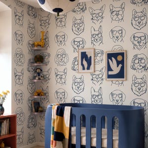 Dogs in Glasses Wallpaper, Cool Dog Modern Pet Playful Wall Covering, Peel & Stick or Traditional Decal