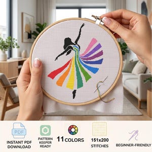 May include: A cross-stitch project in a wooden embroidery hoop featuring a black silhouette of a dancer wearing a dress with vertical stripes in rainbow colors. The fabric is white, and a needle with thread is attached to the lower right side.