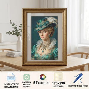May include: A framed cross-stitch pattern featuring a portrait of a person wearing a teal hat with white feathers and a matching teal dress with a lace collar. The design includes 57 colors, 170x298 stitches, and is marked as an intermediate level.