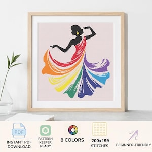 Cross Stitch Pattern PDF, Rainbow Flamenco Colorful Dancing Woman, Silhouette embroidery Digital Download Scheme