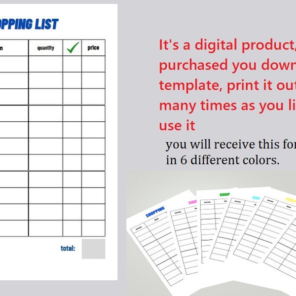 6 Printable Shopping Lists Template Grocery List, Reusable Shopping Planner, Shopping Checklist, A4 format Digital Download PNG PDF
