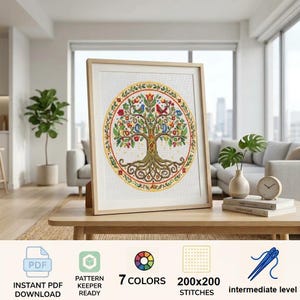 Può includere: Uno schema a punto croce incorniciato con un design circolare dell'albero della vita con uccelli colorati, fiori e radici complesse. Il testo indica il download immediato in PDF, 7 colori, 200x200 punti e un livello di difficoltà intermedio.
